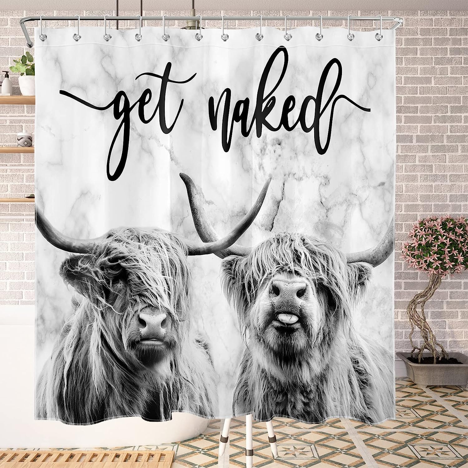 Funny Western Wildlife Bull Bathroom Curtain with Grey Marble Backdrop and Quote