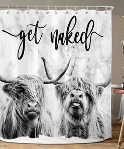 Funny Western Wildlife Bull Bathroom Curtain with Grey Marble Backdrop and Quote