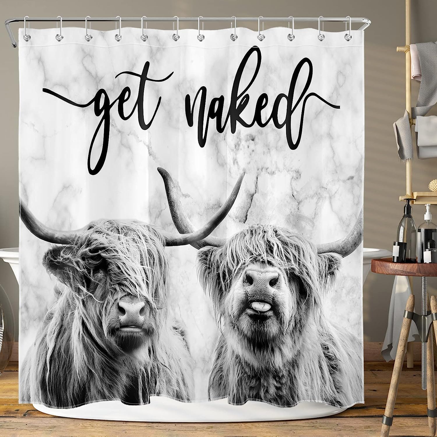 Funny Western Wildlife Bull Bathroom Curtain with Grey Marble Backdrop and Quote