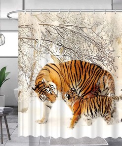 Funny Winter Snow Tiger Shower Curtain, Natural Animal Design With Machine Washable Technology