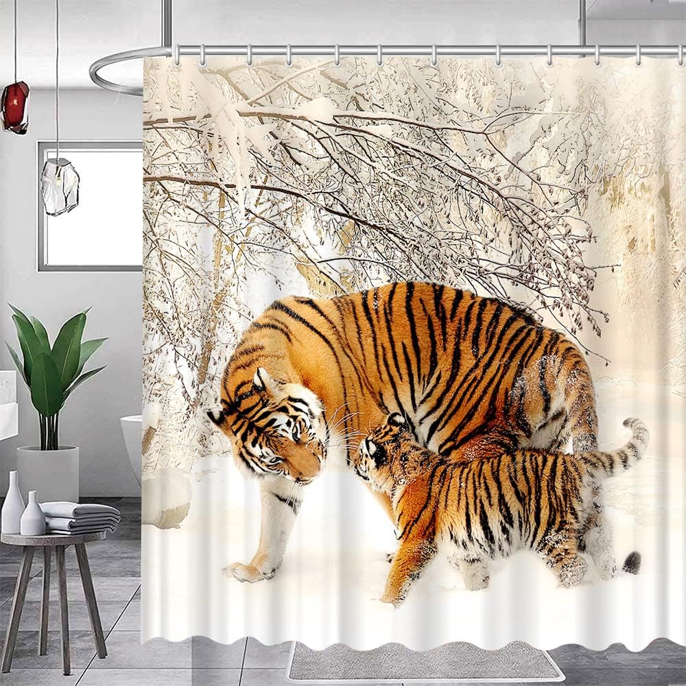 Funny Winter Snow Tiger Shower Curtain, Natural Animal Design With Machine Washable Technology