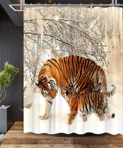 Funny Winter Snow Tiger Shower Curtain, Natural Animal Design With Machine Washable Technology