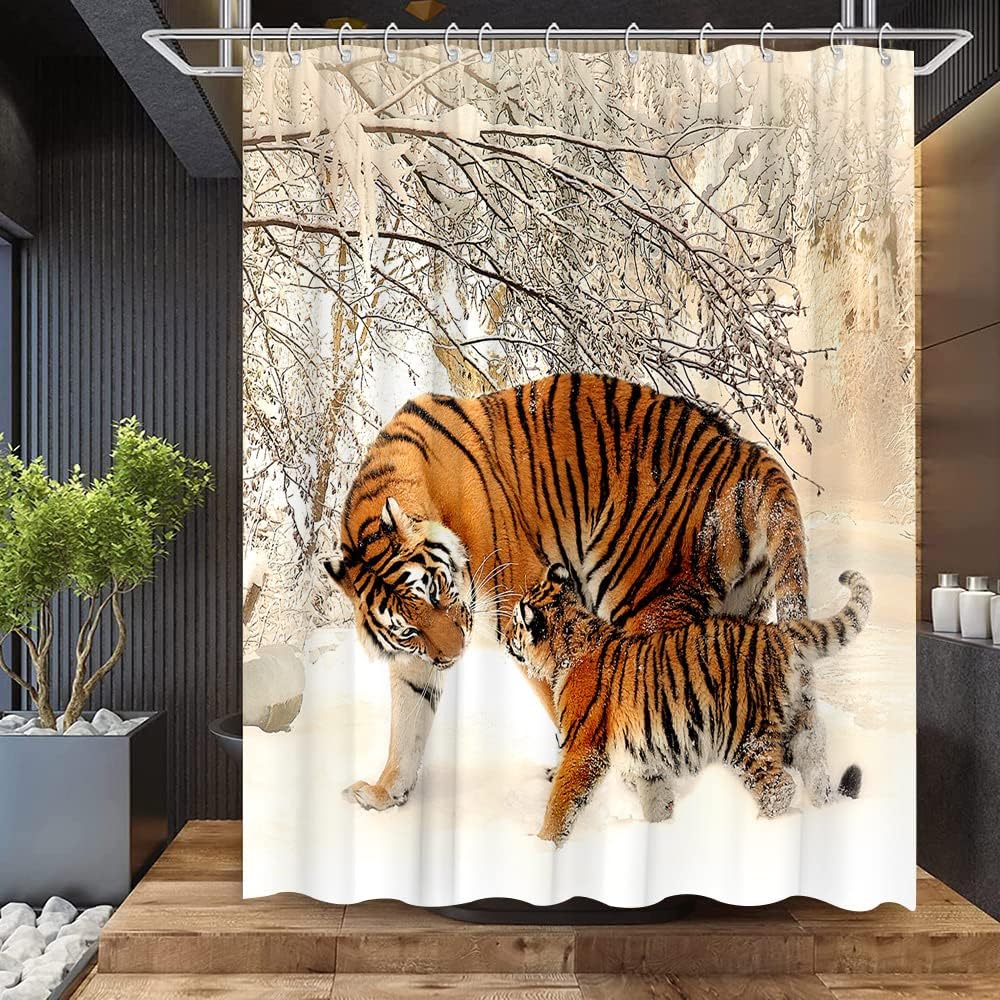 Funny Winter Snow Tiger Shower Curtain, Natural Animal Design With Machine Washable Technology
