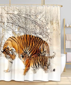 Funny Winter Snow Tiger Shower Curtain, Natural Animal Design With Machine Washable Technology