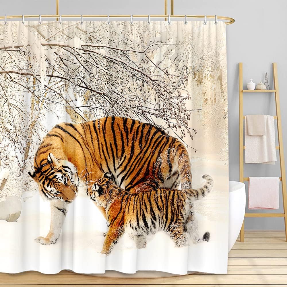 Funny Winter Snow Tiger Shower Curtain, Natural Animal Design With Machine Washable Technology