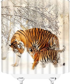 Funny Winter Snow Tiger Shower Curtain, Natural Animal Design With Machine Washable Technology