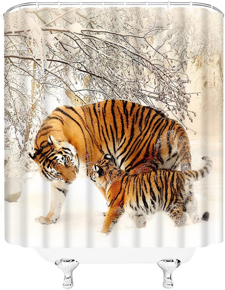 Funny Winter Snow Tiger Shower Curtain, Natural Animal Design With Machine Washable Technology