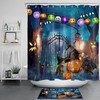 Funny Witch And Cat At Cemetery Gate On Halloween Shower Curtain