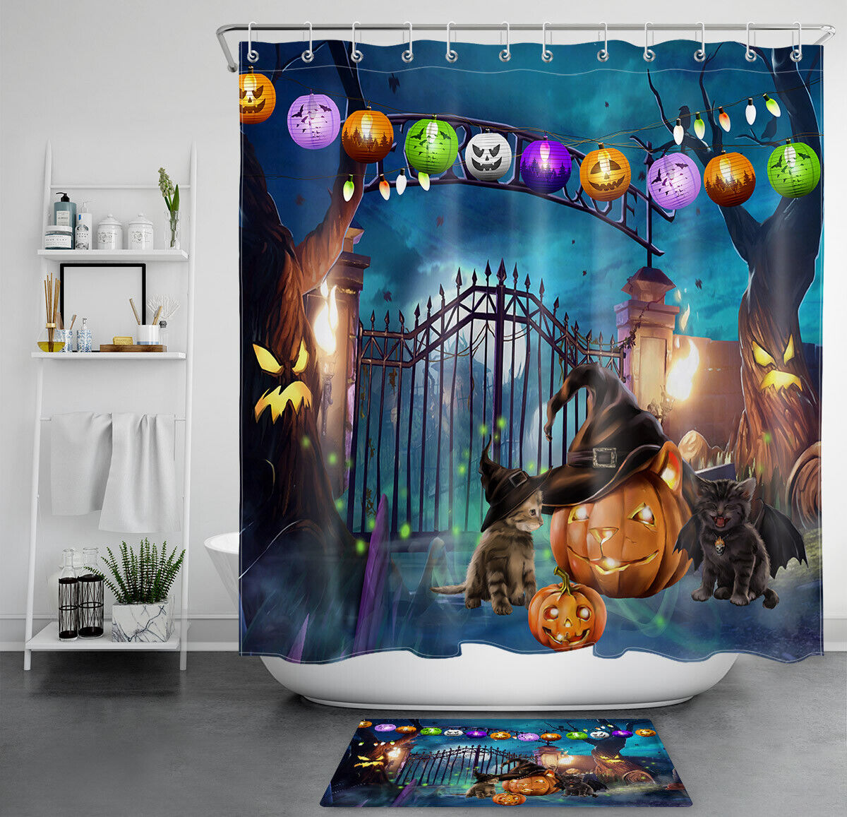 Funny Witch And Cat At Cemetery Gate On Halloween Shower Curtain