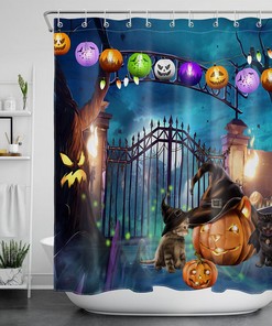 Funny Witch And Cat At Cemetery Gate On Halloween Shower Curtain