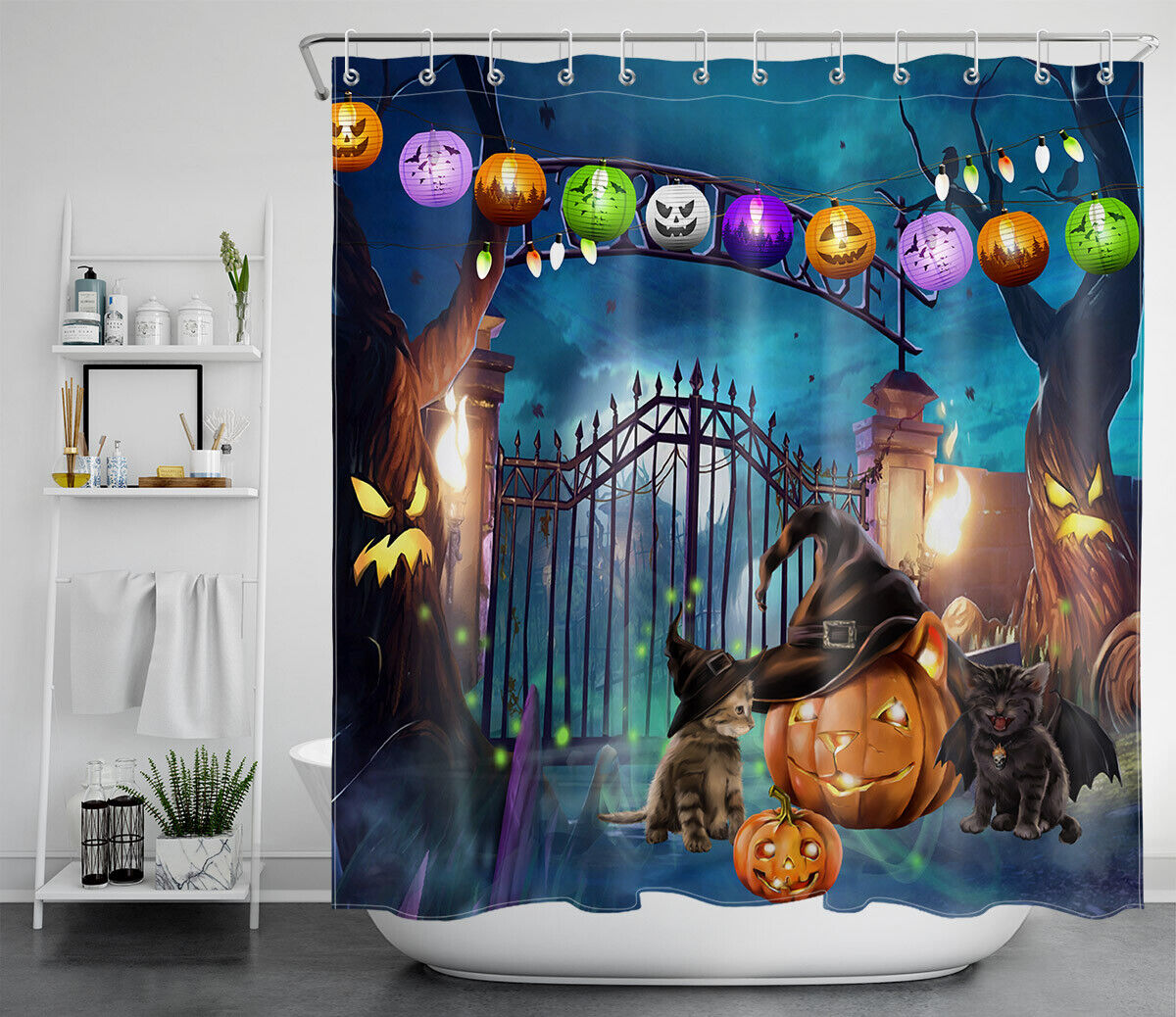 Funny Witch And Cat At Cemetery Gate On Halloween Shower Curtain