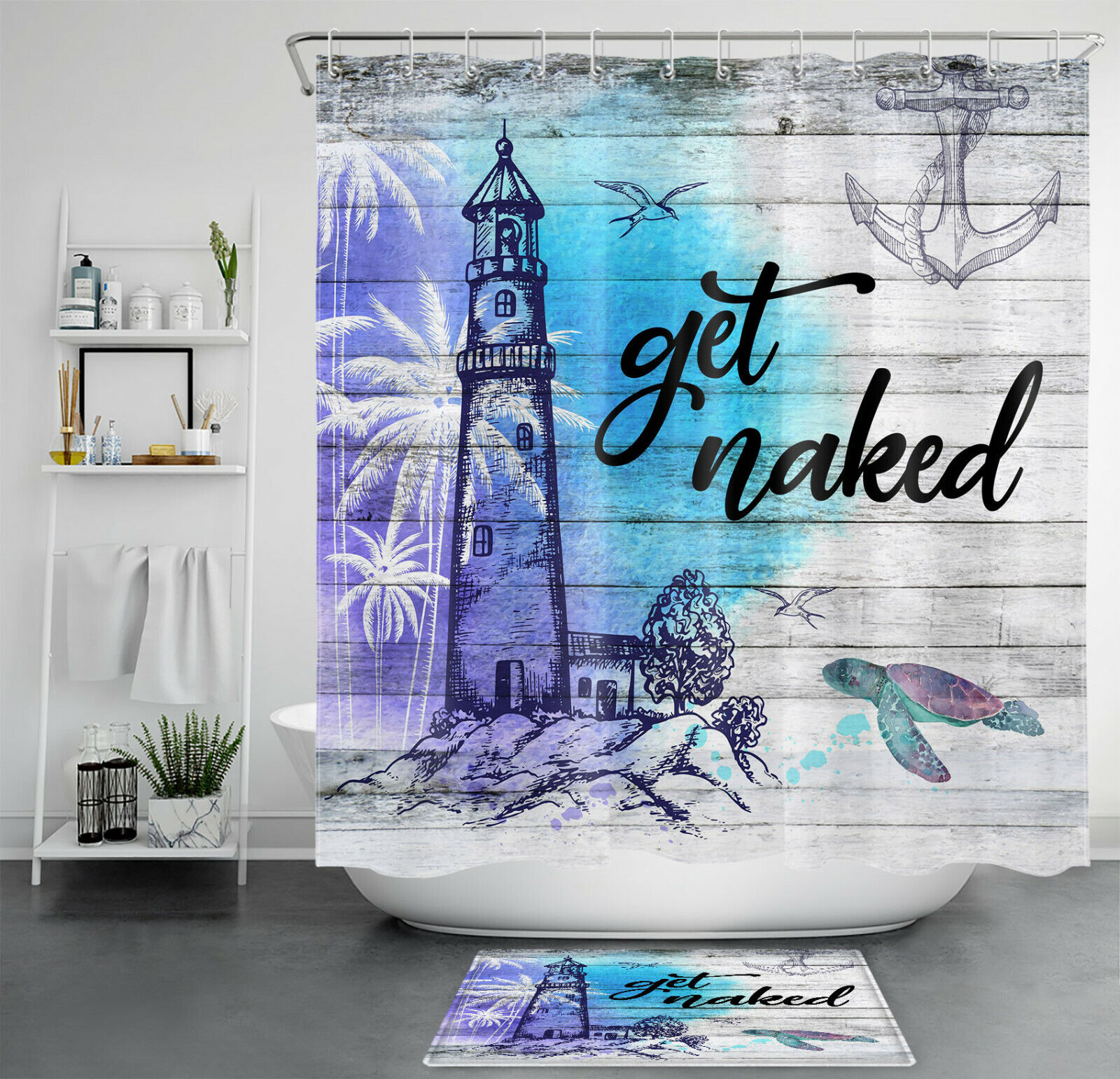 Funny Word Black and White Sea Turtle Anchor Shower Curtain Bathroom Accessories for Underwater Themed Decor