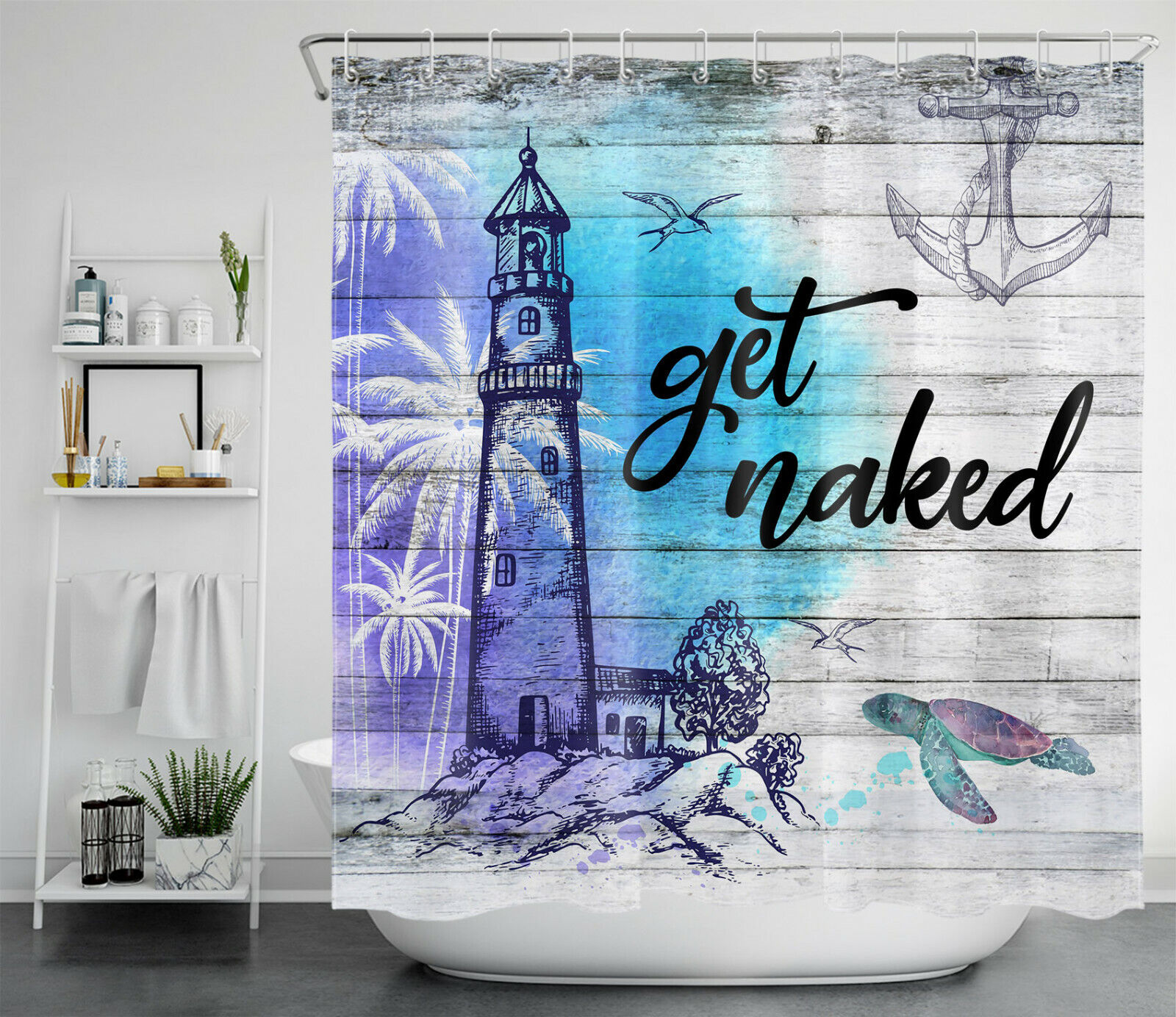 Funny Word Black and White Sea Turtle Anchor Shower Curtain Bathroom Accessories for Underwater Themed Decor
