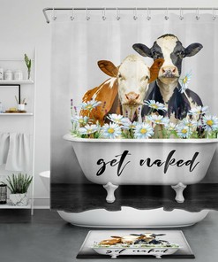 Funny Word Farmhouse Bathtub Daisy Cow Print Shower Curtain For Bathroom Decor