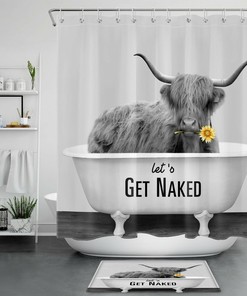 Funny Word Flower Highland Cow Bathtub Shower Curtain For Bathroom Decor
