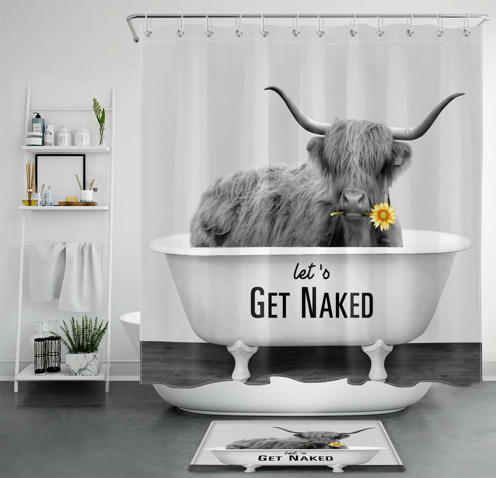 Funny Word Flower Highland Cow Bathtub Shower Curtain For Bathroom Decor