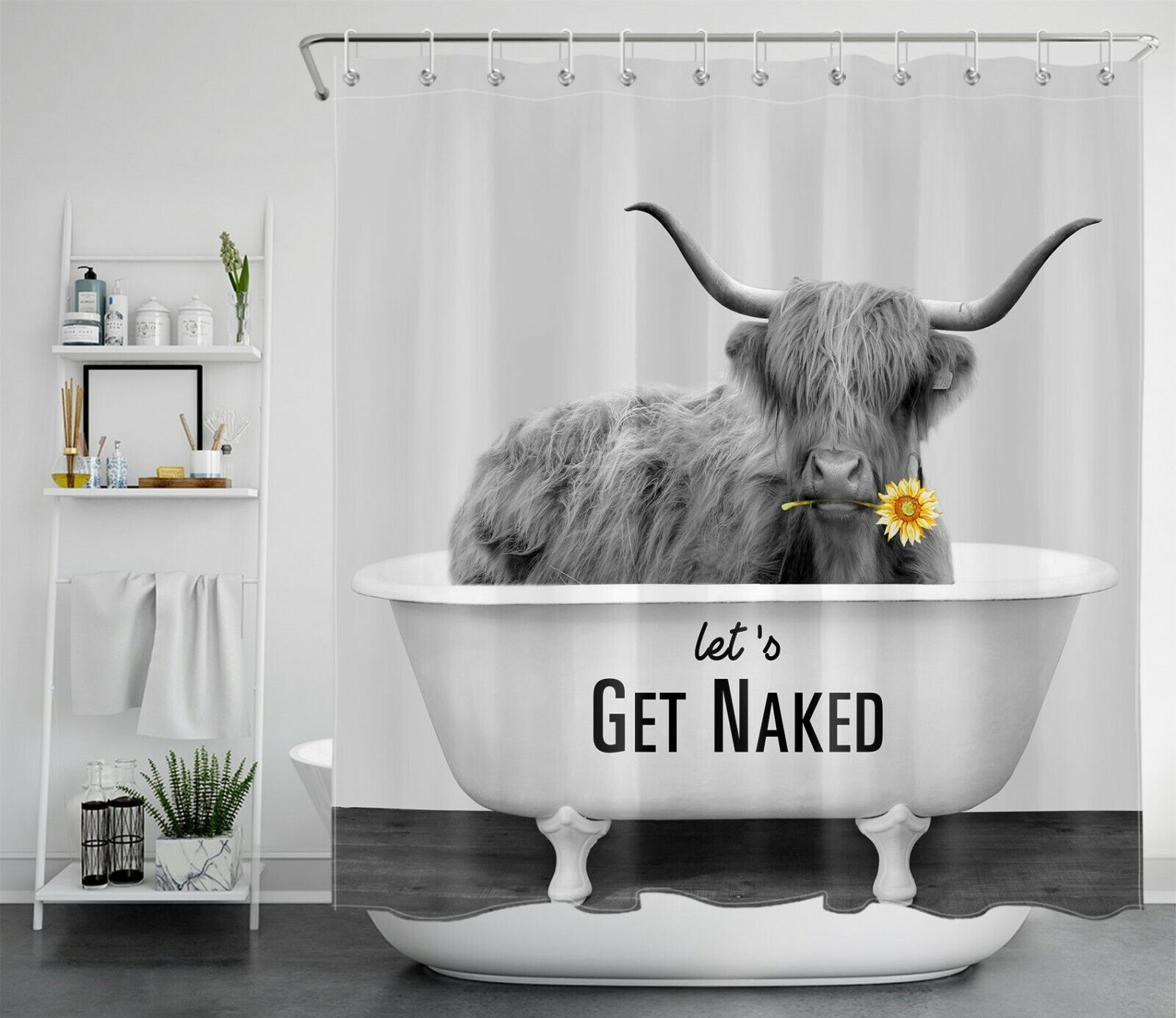 Funny Word Flower Highland Cow Bathtub Shower Curtain For Bathroom Decor - Image 2