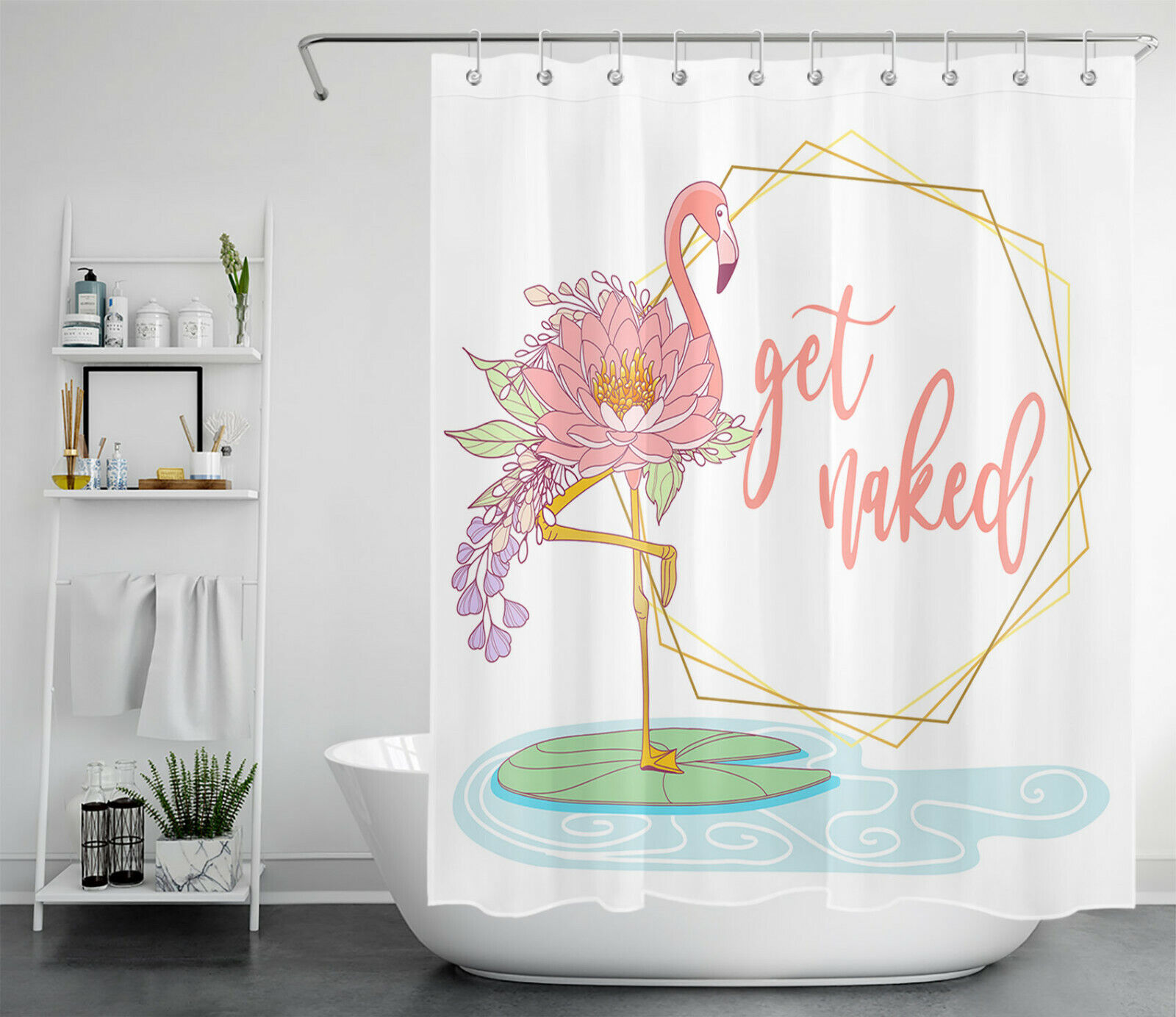 Funny Word Shower Curtain With Pink Flamingo And Lotus Flower Design For Women'S Bathroom