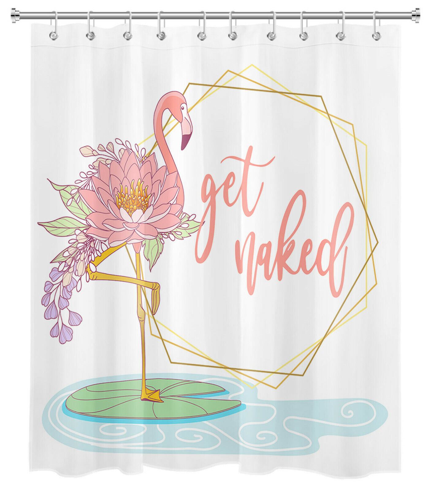 Funny Word Shower Curtain With Pink Flamingo And Lotus Flower Design For Women'S Bathroom - Image 2