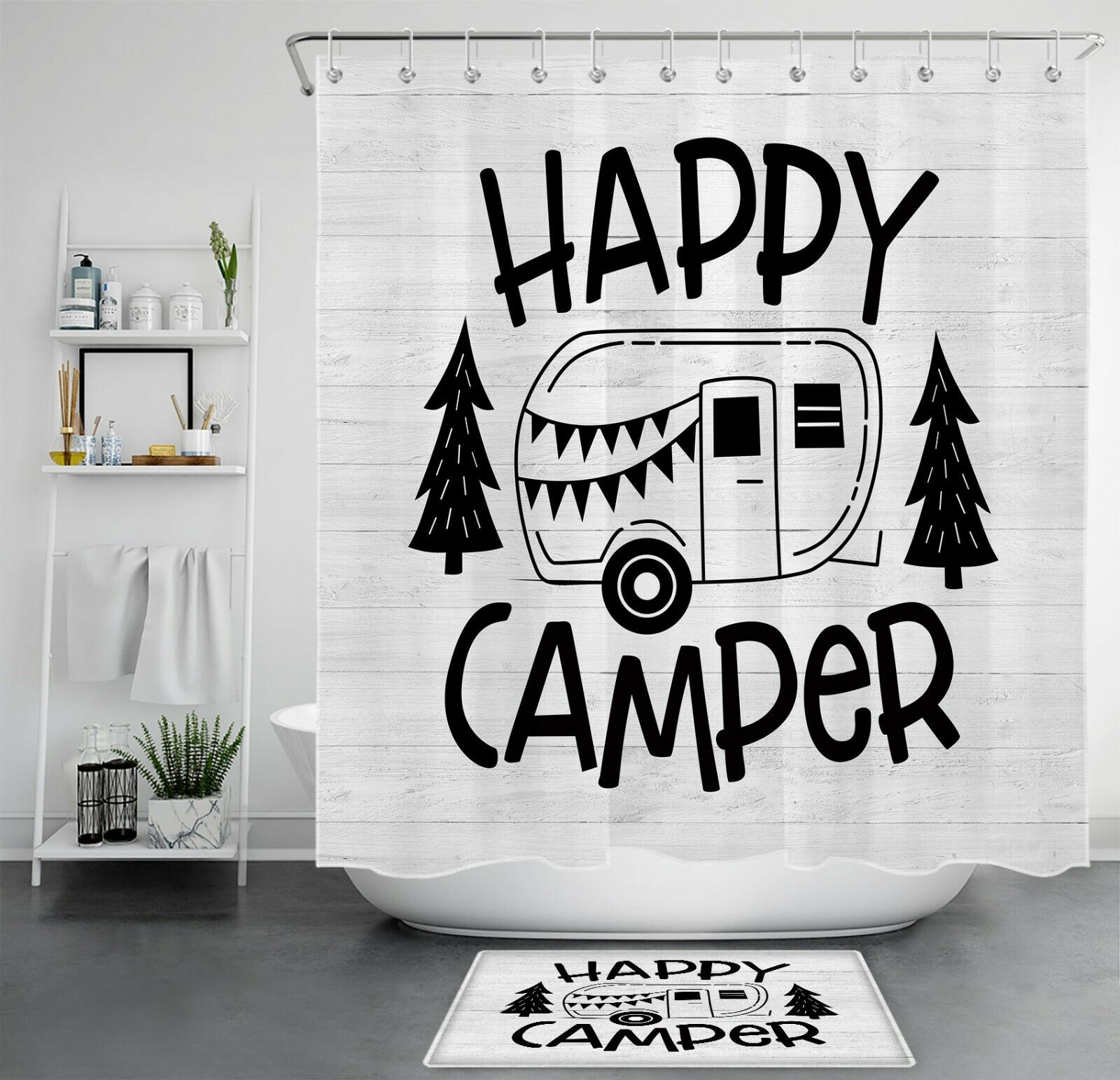 Funny Word Truck Camper Black White Vintage Shower Curtain