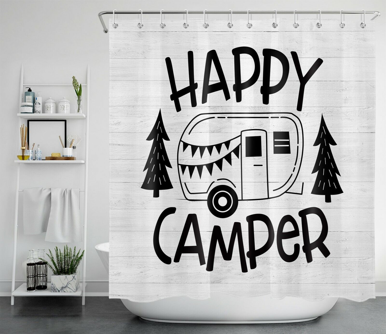 Funny Word Truck Camper Black White Vintage Shower Curtain