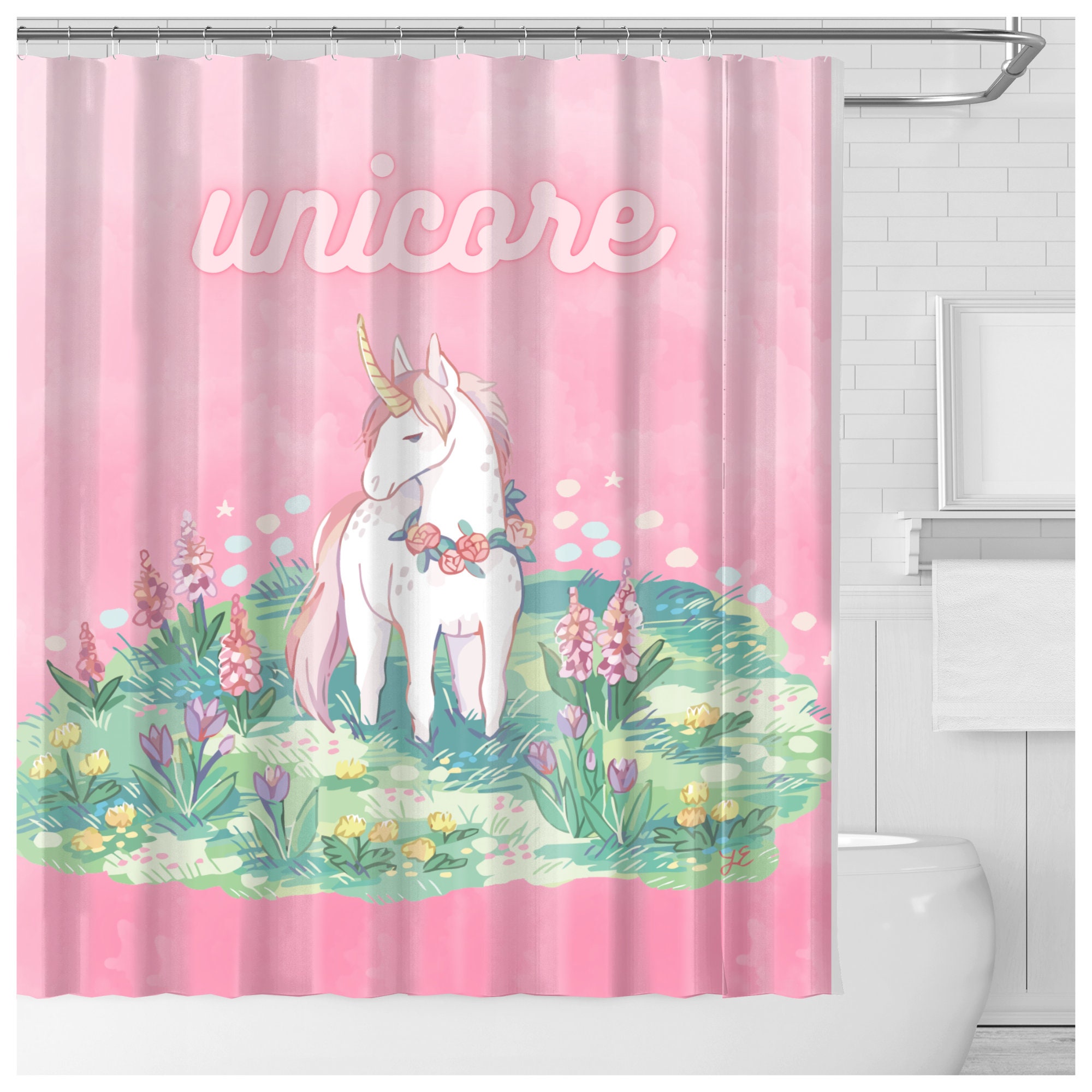 Funny Yellow Unicorn Shower Curtain with Modern Prints for Your Bathroom
