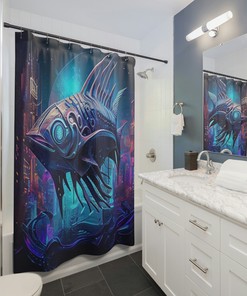 Futuristic Fish Shower Curtain Cyberpunk Underwater Cityscape Metallic Accents