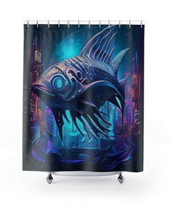 Futuristic Fish Shower Curtain Cyberpunk Underwater Cityscape Metallic Accents