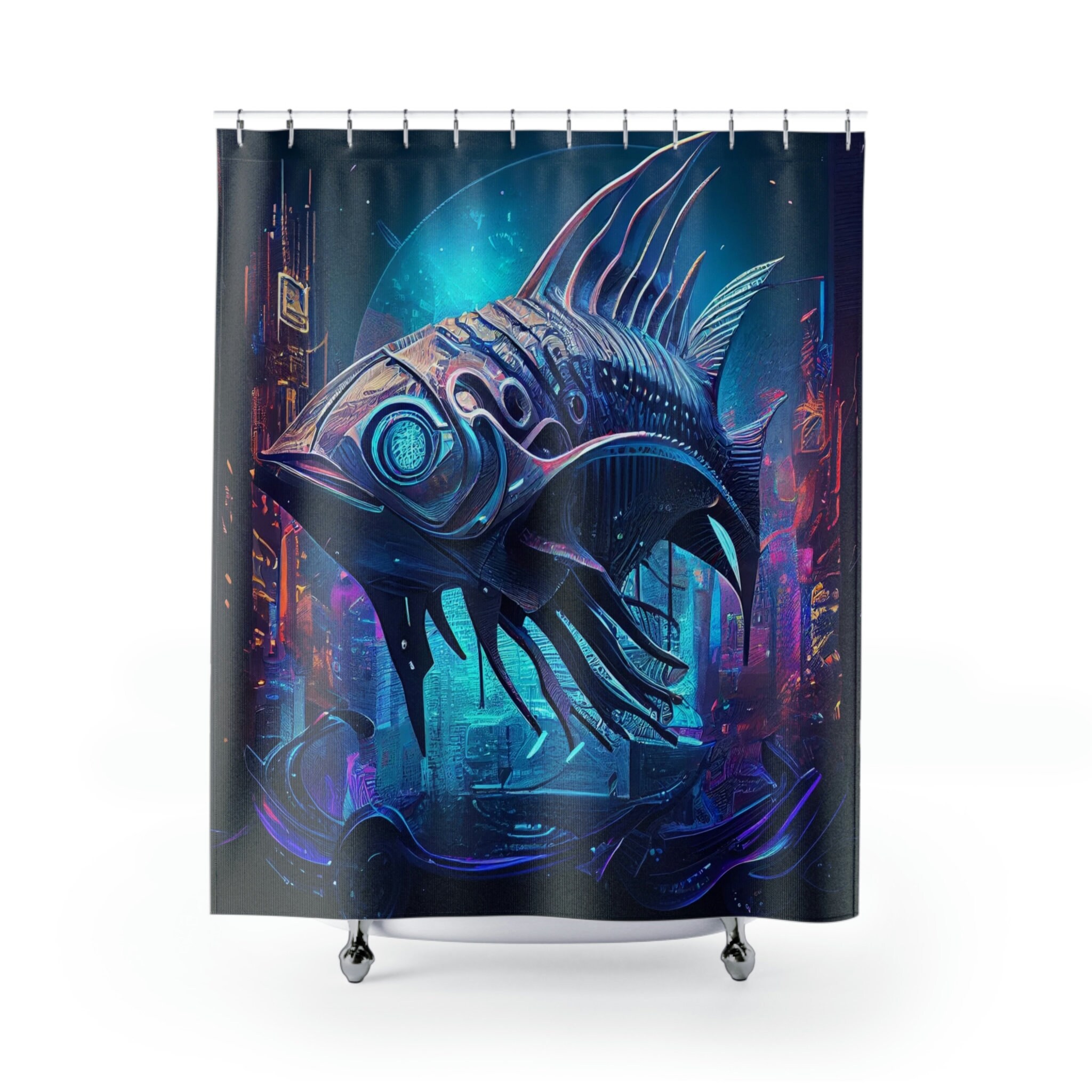 Futuristic Fish Shower Curtain Cyberpunk Underwater Cityscape Metallic Accents