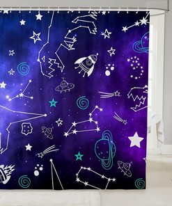 Galactic Shower Curtain with Starry Sky and Cartoon Dinosaurs Design, Perfect for Kids and Teens Bathroom Decor