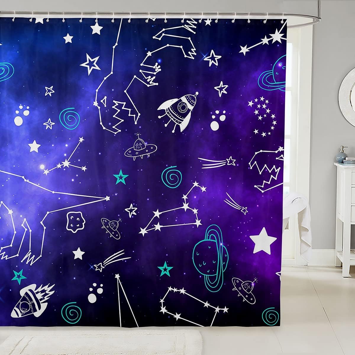 Galactic Shower Curtain with Starry Sky and Cartoon Dinosaurs Design, Perfect for Kids and Teens Bathroom Decor
