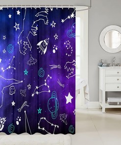 Galactic Shower Curtain with Starry Sky and Cartoon Dinosaurs Design, Perfect for Kids and Teens Bathroom Decor