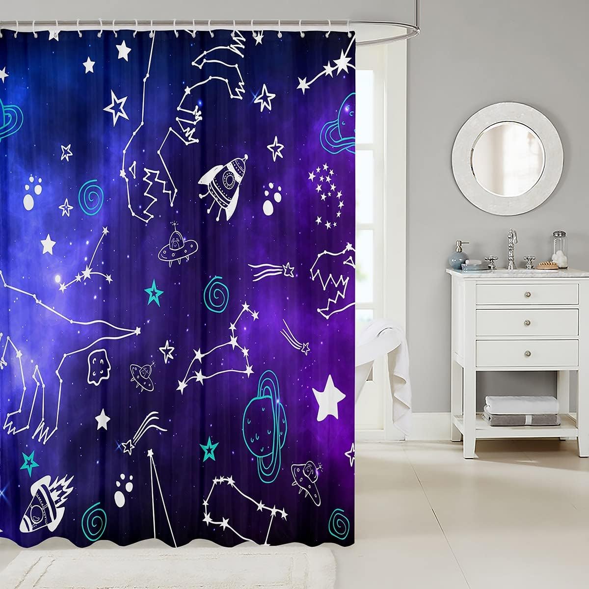 Galactic Shower Curtain with Starry Sky and Cartoon Dinosaurs Design, Perfect for Kids and Teens Bathroom Decor