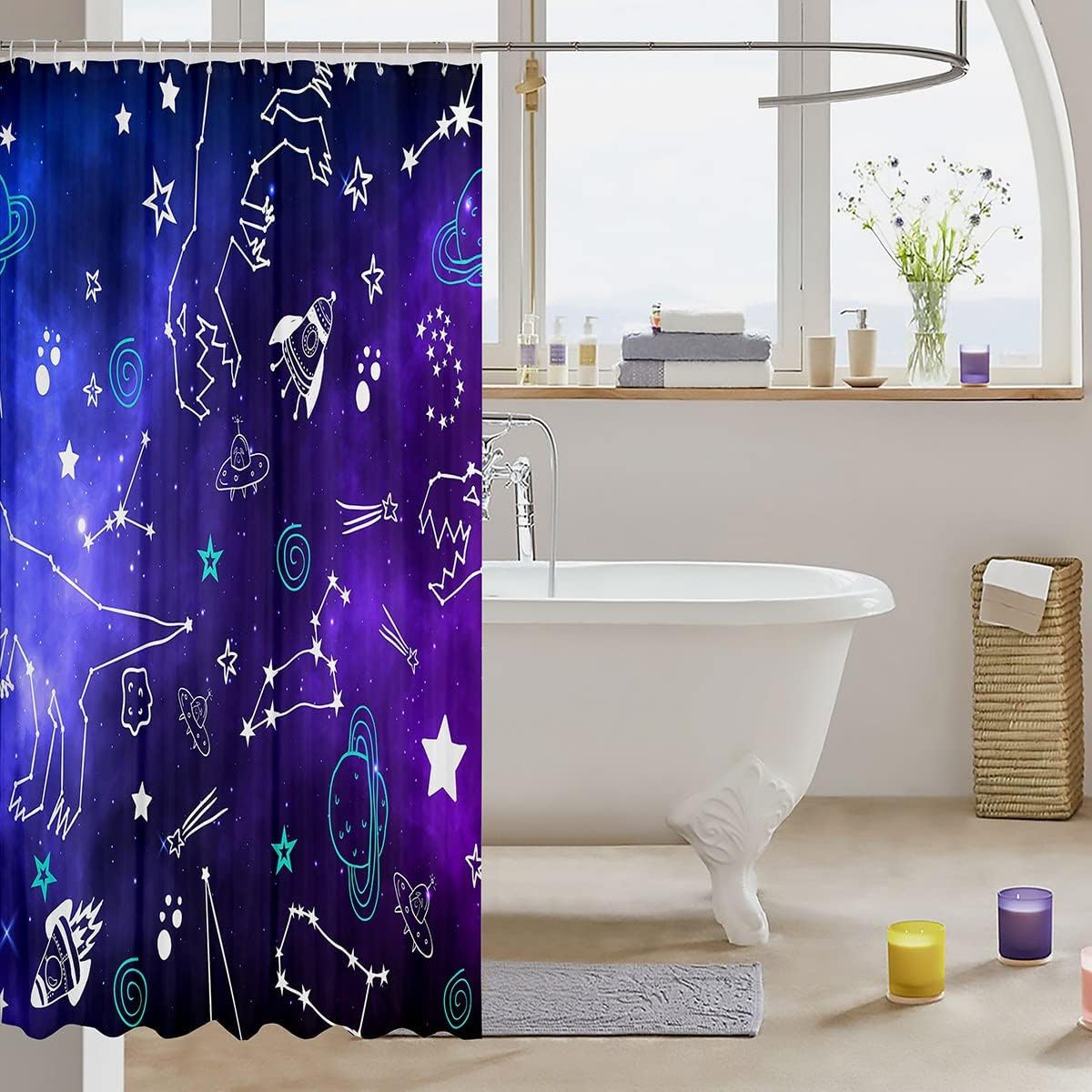 Galactic Shower Curtain with Starry Sky and Cartoon Dinosaurs Design, Perfect for Kids and Teens Bathroom Decor