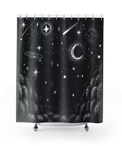 Galaxy Black Gothic Goth Moon Shower Curtain with Starry Night Theme