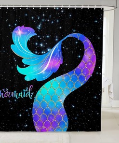 Galaxy Blue Purple Mermaid Tail Print Shower Curtain for Kids Boys Girls Room Decor