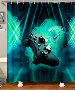 Galaxy Gaming Controller Kids Shower Curtain Set - Blue/Green Hexagon Pattern