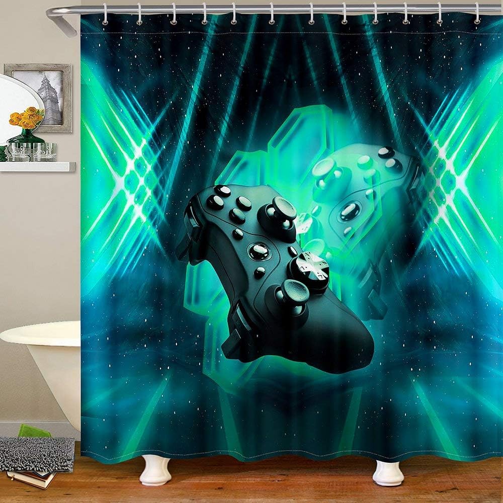 Galaxy Gaming Controller Kids Shower Curtain Set - Blue/Green Hexagon Pattern