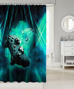 Galaxy Gaming Controller Kids Shower Curtain Set - Blue/Green Hexagon Pattern