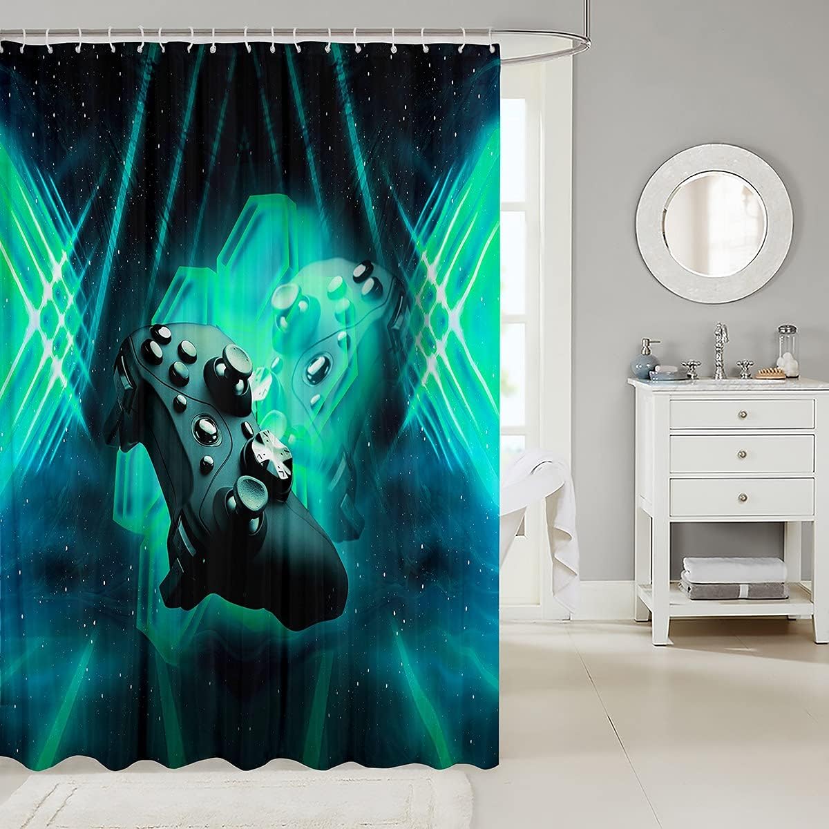 Galaxy Gaming Controller Kids Shower Curtain Set - Blue/Green Hexagon Pattern