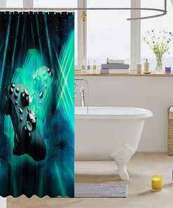 Galaxy Gaming Controller Kids Shower Curtain Set - Blue/Green Hexagon Pattern