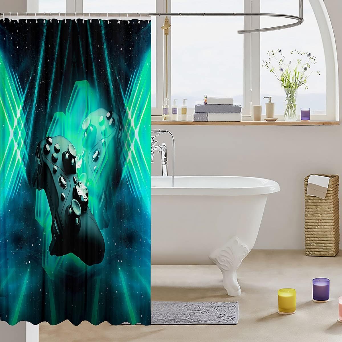 Galaxy Gaming Controller Kids Shower Curtain Set - Blue/Green Hexagon Pattern