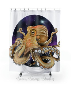 Galaxy Nebulae Stars Art Octopus Ocean Print Shower Curtain for Bathroom