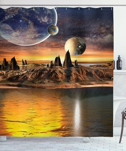 Galaxy Shower Curtain Moon Planet Earth Cosmos Print For Bathroom