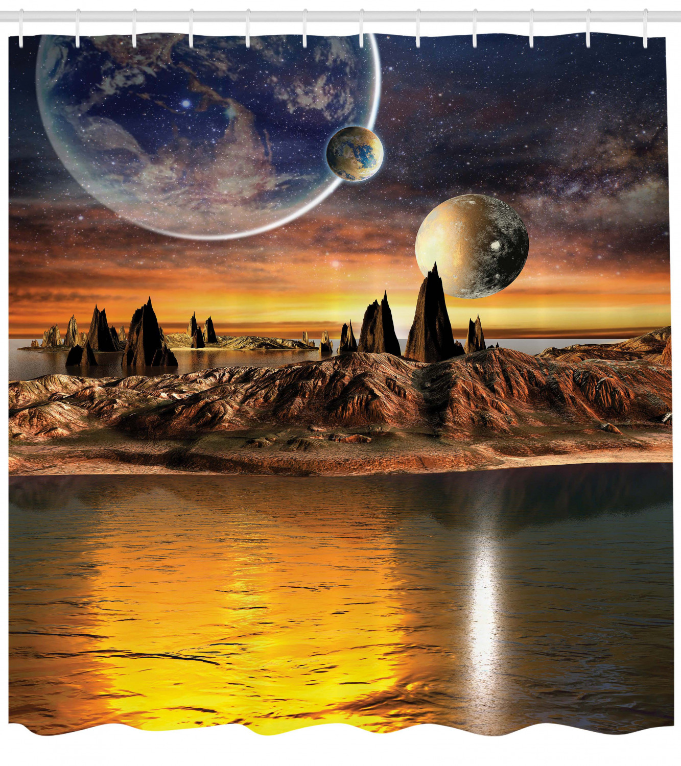 Galaxy Shower Curtain Moon Planet Earth Cosmos Print For Bathroom