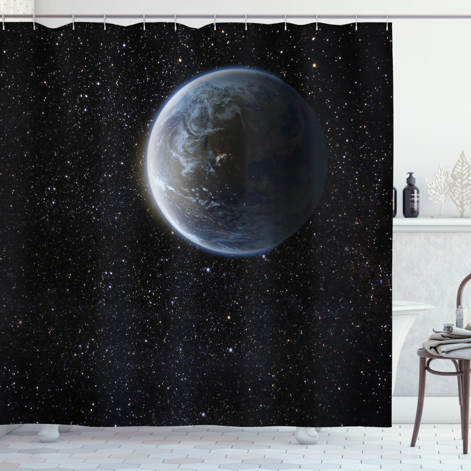 Galaxy Shower Curtain Moons Universe Earth Print For Bathroom
