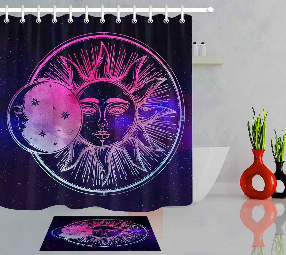 Galaxy Space Stars Moon Sun Design Waterproof Fabric Shower Curtain For Bathroom