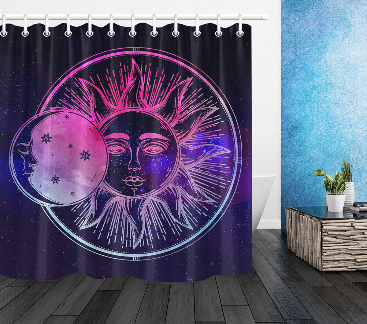 Galaxy Space Stars Moon Sun Design Waterproof Fabric Shower Curtain For Bathroom - Image 2