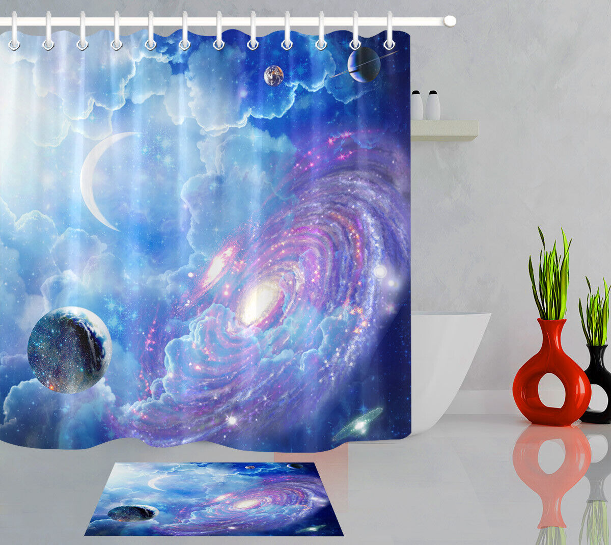 Galaxy Space Universe Moon Waterproof Shower Curtain Bathroom Curtain