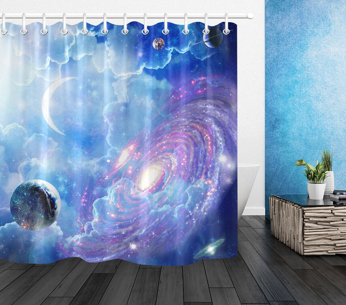 Galaxy Space Universe Moon Waterproof Shower Curtain Bathroom Curtain